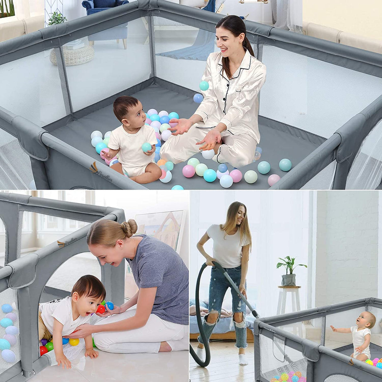 Perellier Playpen with Pit Balls, Folding Playmat and storage bag, large 2m x 1.8m floor area with 65cm walls. Sturdy construction, zippered door and oxford fabric mesh panels so you can keep an eye on every part of the Playpen and will allow children to