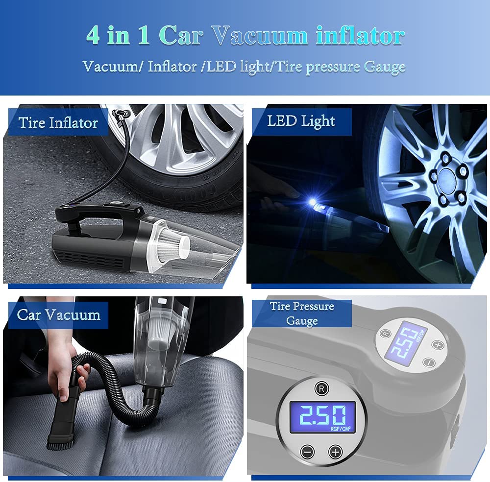 4-in-1 Car Vacuum Cleaner Tire Inflator - Portable High Power Handheld Car Vacuum Cleaner 7000PA/130W/DC 12V with LCD Tire Pressure Display LED Light Wet/Dry Air Compressor