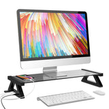 Glass Monitor Stand Riser with USB Port High-Speed Transfer Data Charge, for iMac,Screen,Computer,PC, Desk Organizers and Accessories，Desk Organizer Keyboard