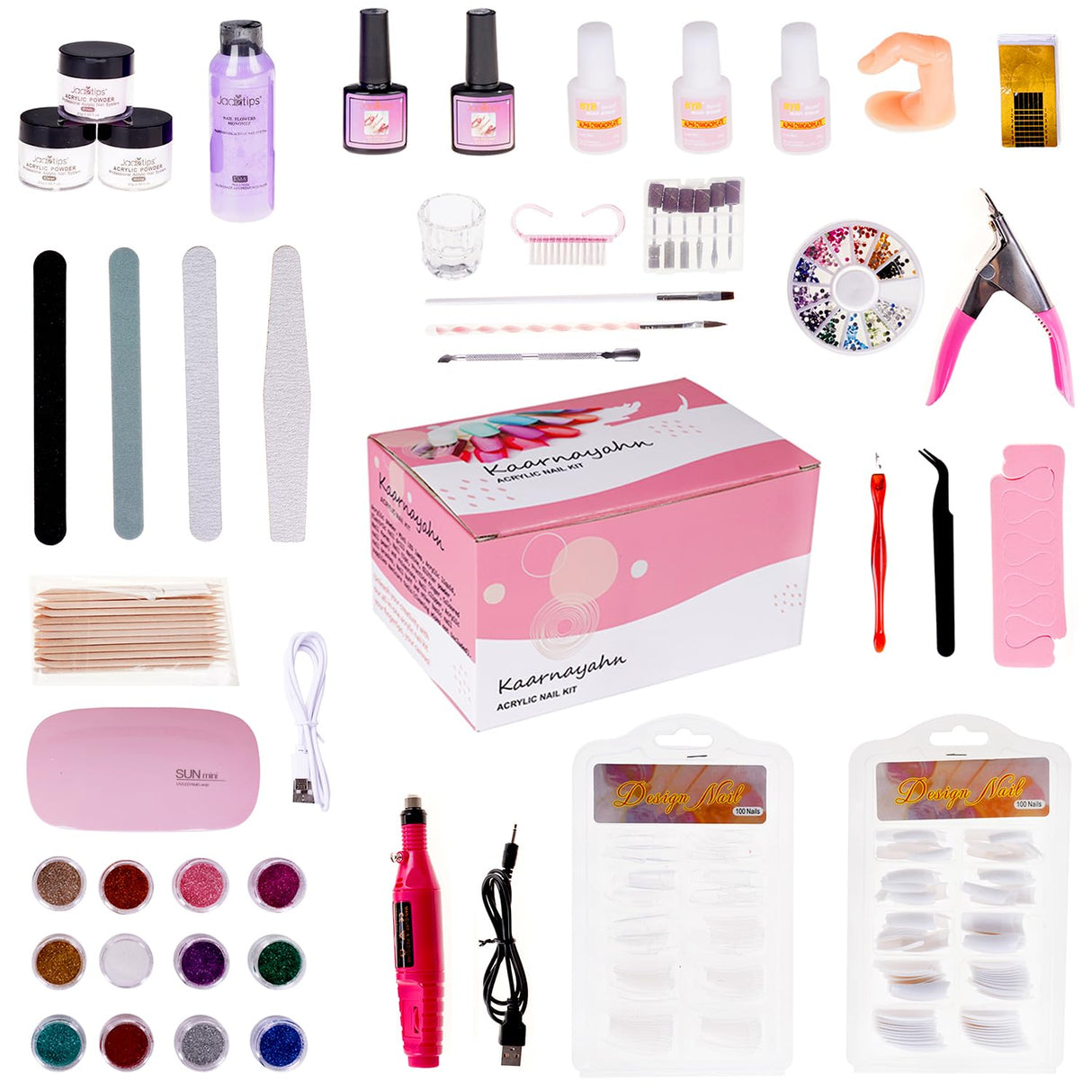 Acrylic Nail Kit – Full Acrylic Nail Set with Nail Drill Machine, Pink White Clear Acrylic Powder, Monomer Acrylic Liquid, 12 Pcs Glitter Nail Art Kit & with Nail Tips And Gel Nail Kit