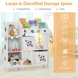 Kids Bookshelf, Wooden Children Storage Display Cabinet Bookcase w/ 5 Open Shelves, 2 Storage Boxes and 3 Slots, Kids Toy and Book Organizer for Playroom, Children’s Room