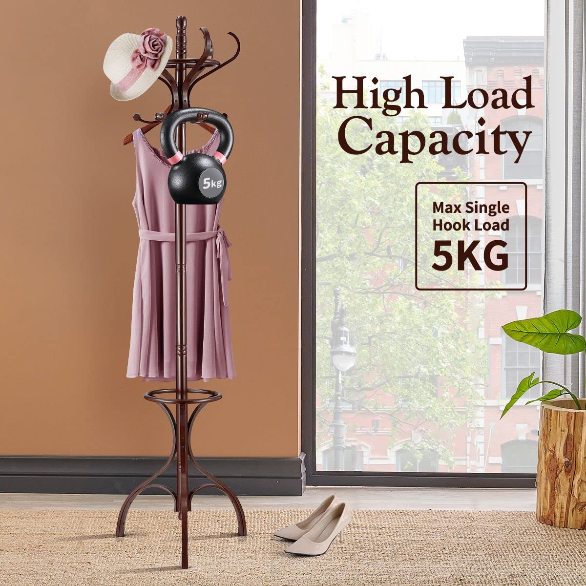 Solid Wood Coat Rack Stand 12 Hooks Freestanding Hall Tree Hanger Organiser for Clothes Hat Jacket Umbrella Walnut Brown