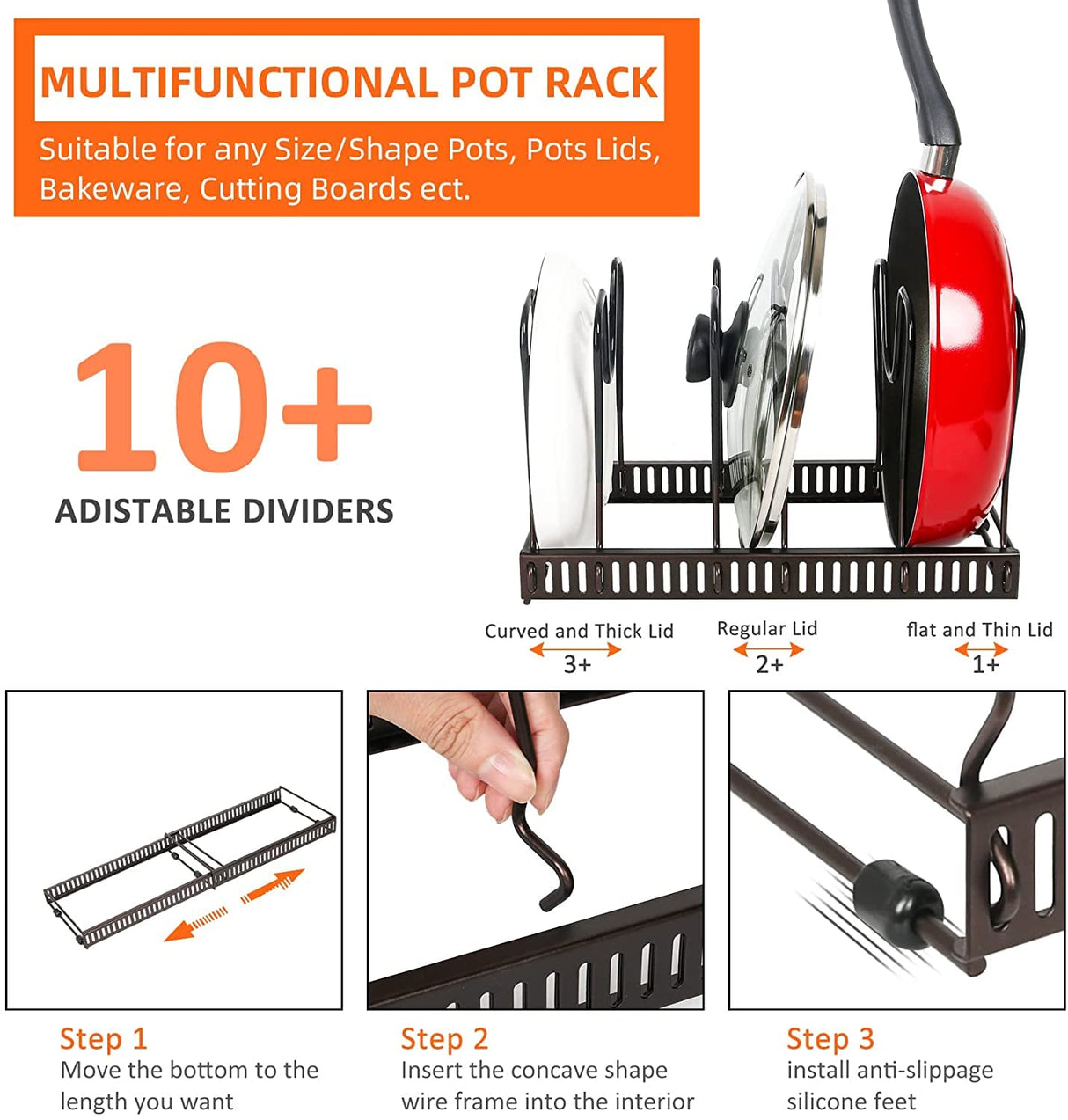 Expandable Pans Organizer Rack, 10 Adjustable Compartments, Cookware Holder for Pantry or Cabinet, Brown (Pan Rack)