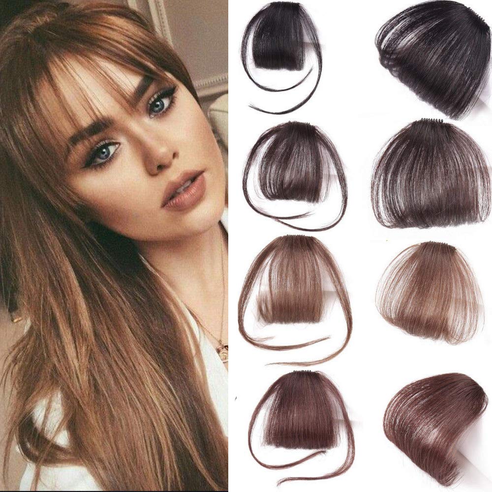 Thin Neat Air Bangs Clip in Hair Extensions Front Neat Bang Fringe One Piece Striaght Hairpiece Accessories (With Sideburn, Dark Brown)