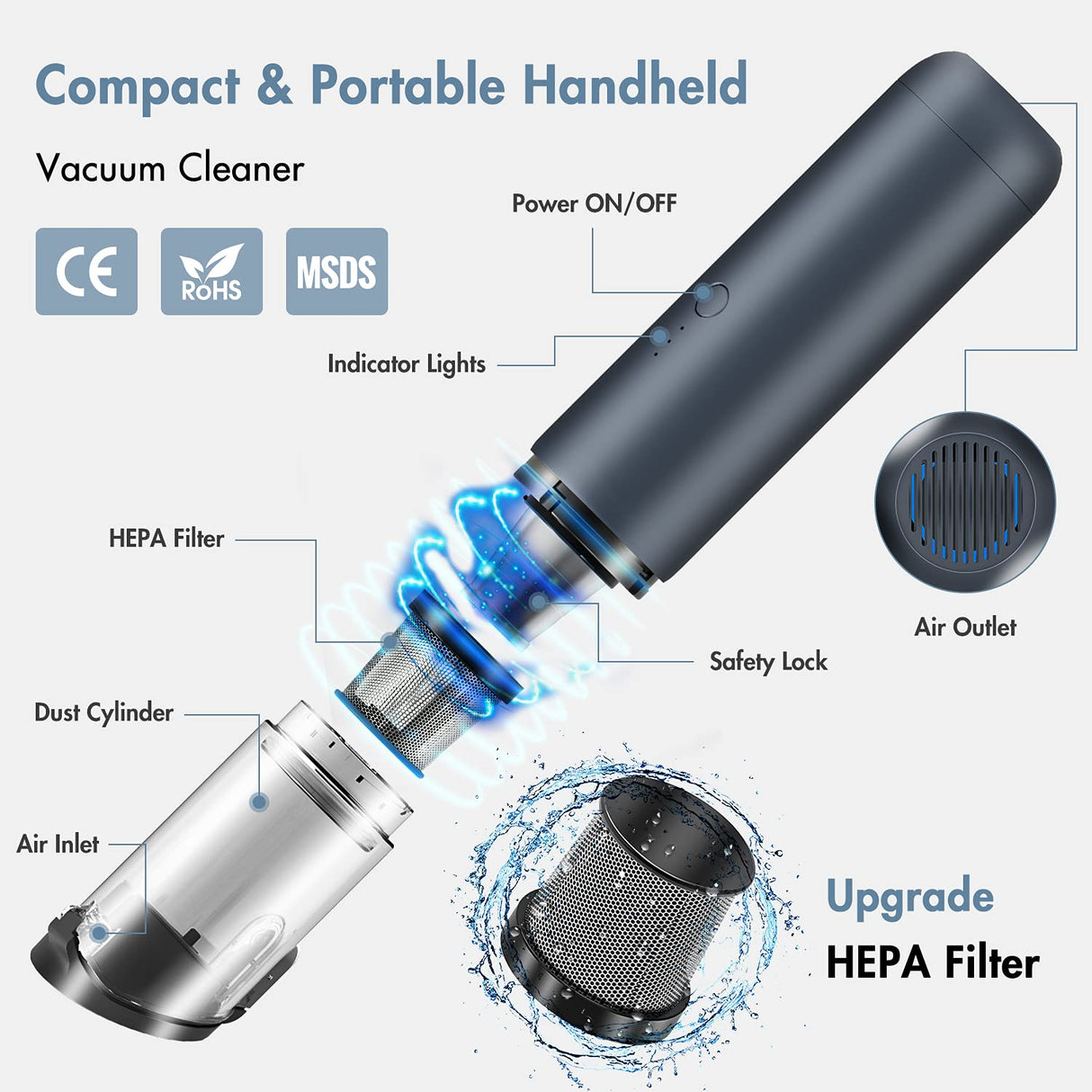 Handheld Vacuum, Long Runtime Handheld Vacuum Cordless with Powerful Suction, Portable Hand Held Vacuum for Efficient Cleaning, Lightweight Handheld Vacuum Cleaner for Car/Home/Pet/Office