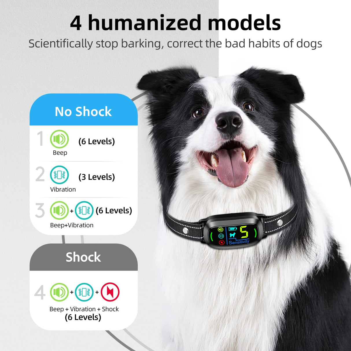 Dog Bark Collar, Rechargeable Smart Barking Collar, Anti Barking Training Collar with 5 Adjustable Sensitivity Beep Vibration Shock, Bark Shock Collar for Large Medium Small Dogs