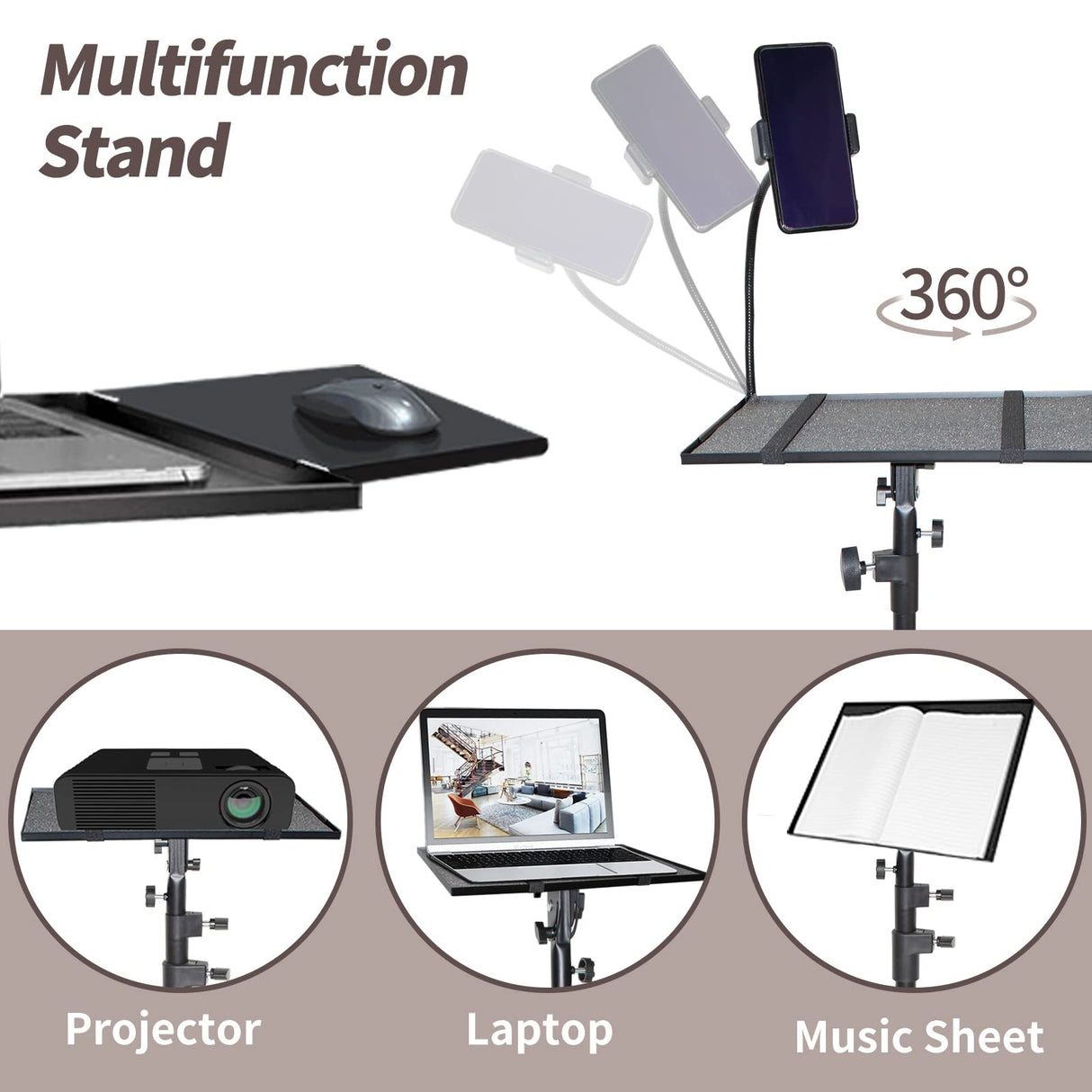 Universal Projector Stand Bracket with Wheels- - Laptop Tripod Adjustable Height 28.5 to 73 Inch with Removable Mouse Tray and Phone Holder, DJ Racks ，Outdoor Movies or Computer Desk Stand