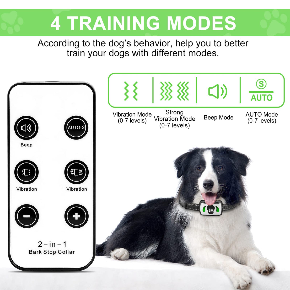 Dog Bark Collar with Additional Mini Remote - Bark Collar with 4 Training Modes -IPX7 Waterproof Dog Training Collar for Garden & Courtyard - Safe No Shock Bark Collar for Large Dog, Medium&Small Dogs