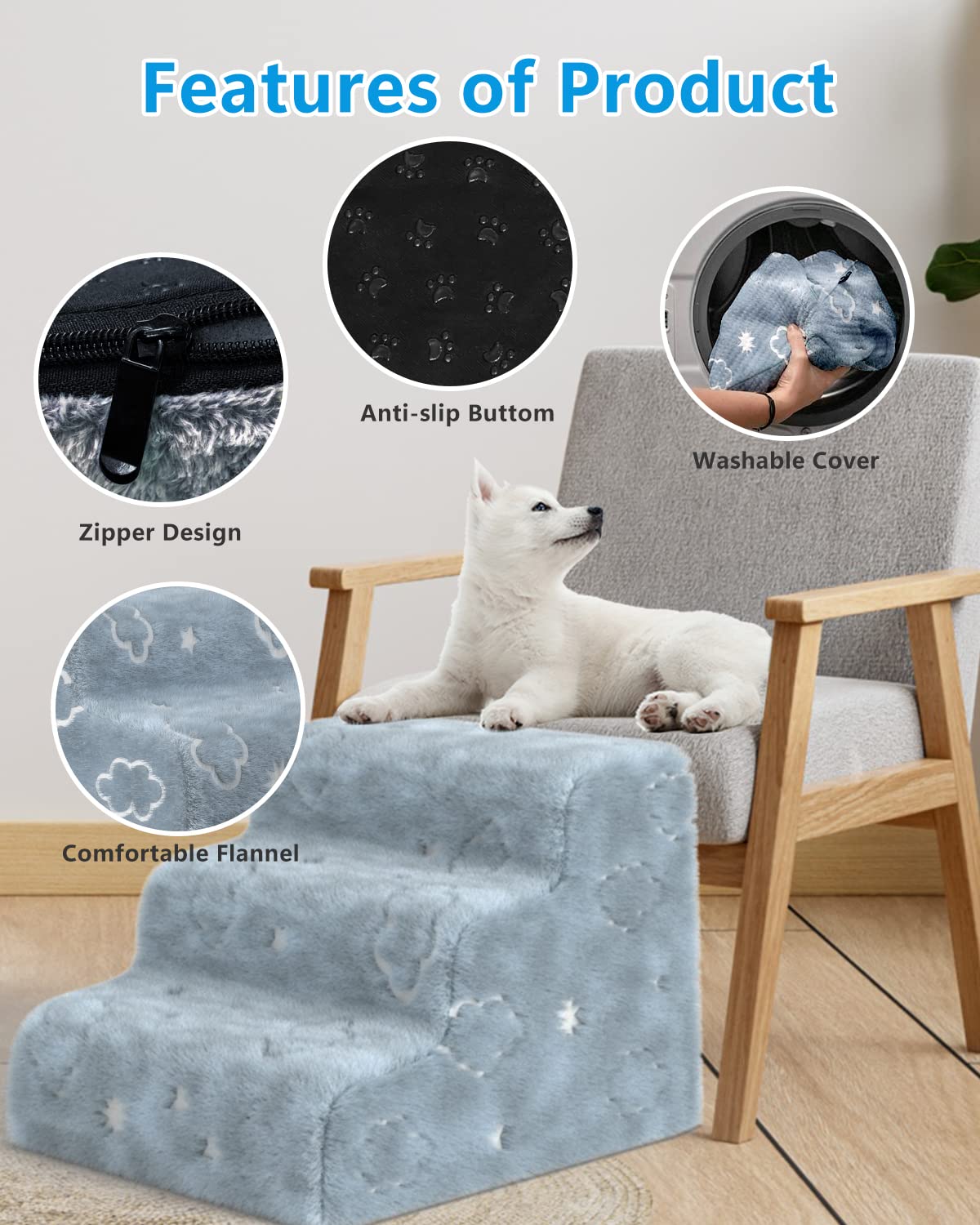 Dog Stairs for High Beds Couch, 3 Steps Pet Stairs for Small Dog Cat, Non-Slip Dog Ramp For Bed Sofa, High-Density Foam Washable Cover Dog Steps, Pet Steps for Doggy with Pet Hair Remover Roller, Gray (Gray)