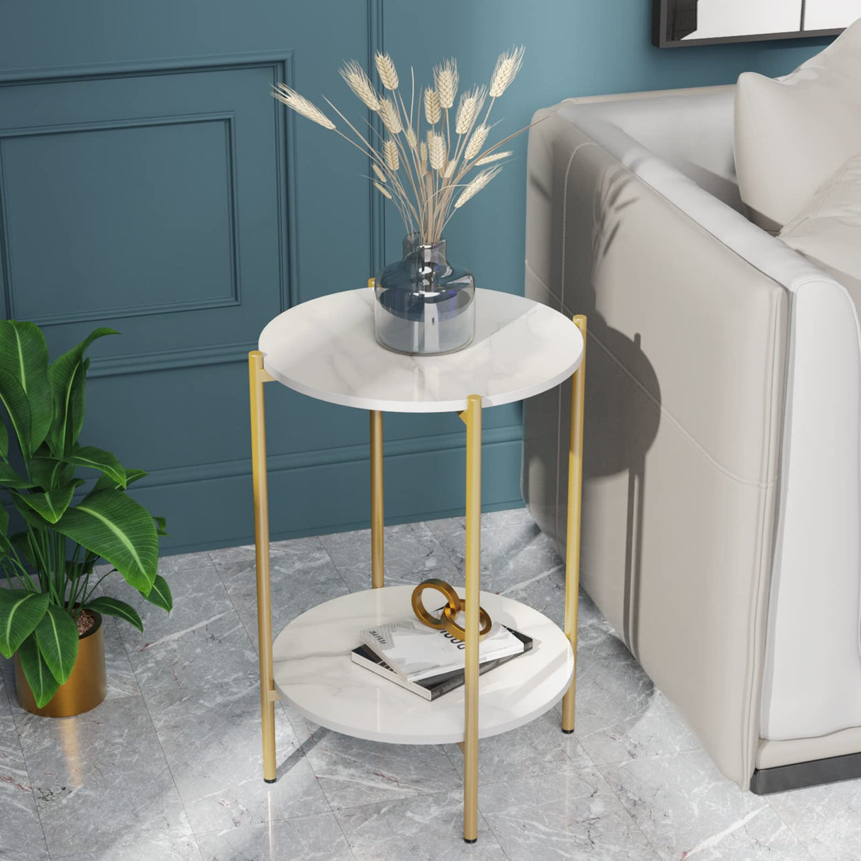 Marble Top Side Table Gold: 2 Tier Round Shape End Tables 40.5 x 55cm Sintered Stone Bedsides with Metal Golden Legs Modern White Nightstand Circular Sofa Corner Table for Living Room Reception