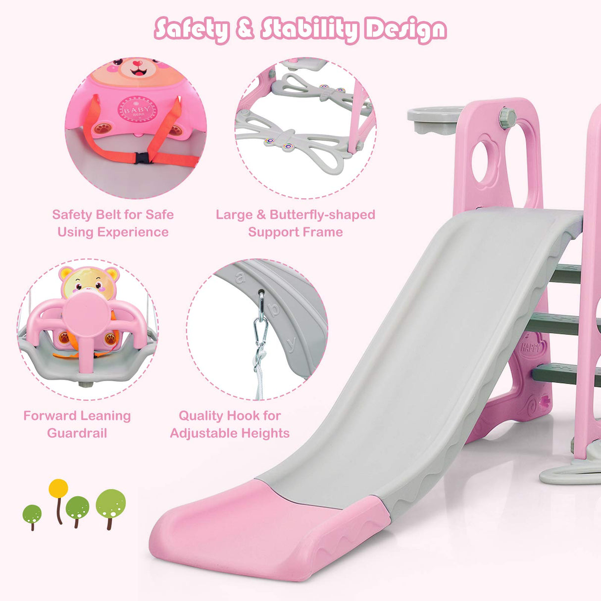 4 in 1 Toddler Slide and Swing Set, Kids Play Climber Slide Play set with Basketball Hoop, Extra Long Slide & Ball, Baby Swing Set for Indoor Outdoor Backyard (Pink)