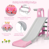 4 in 1 Toddler Slide and Swing Set, Kids Play Climber Slide Play set with Basketball Hoop, Extra Long Slide & Ball, Baby Swing Set for Indoor Outdoor Backyard (Pink)