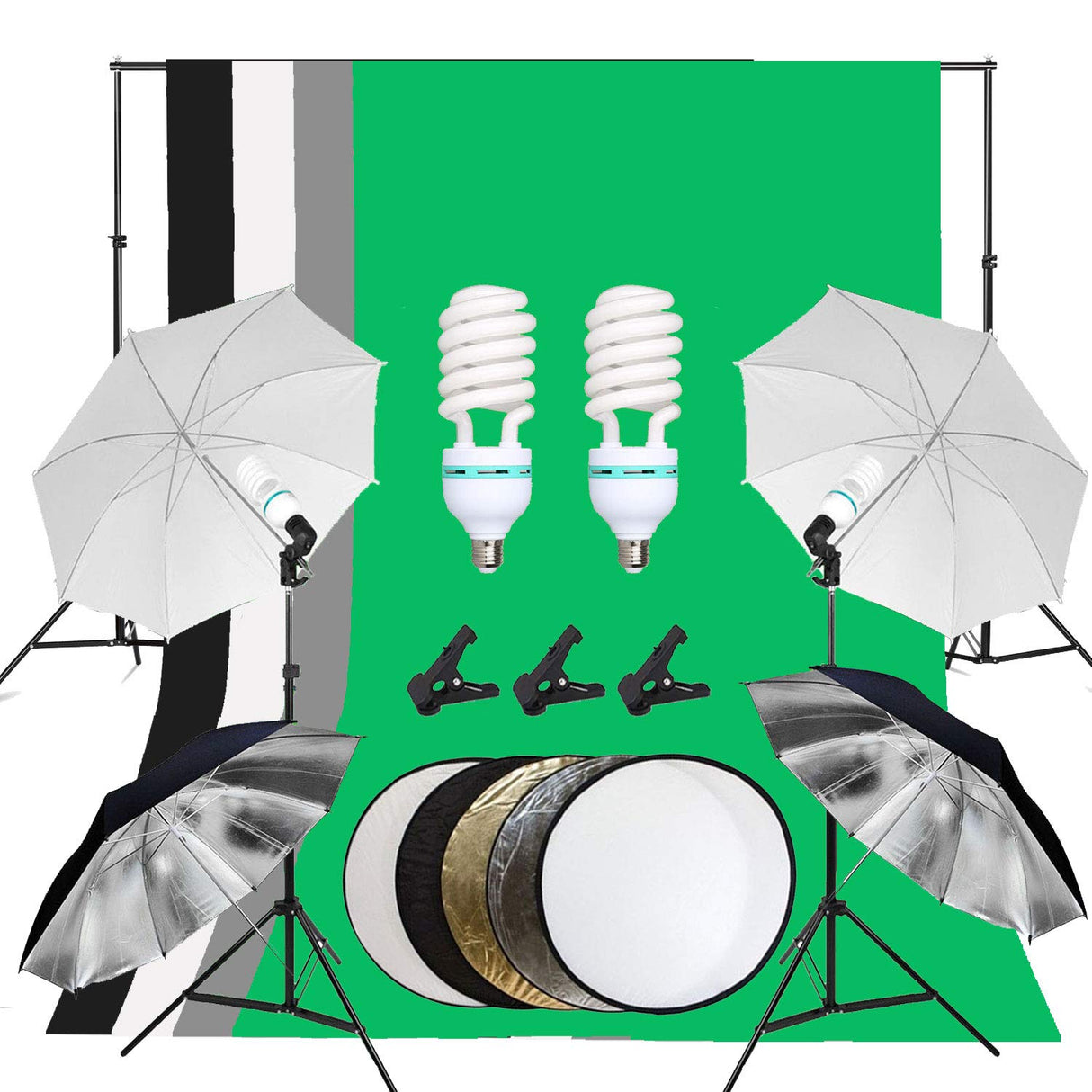 Photography Umbrella Background Support Kit, 2M x 3M/6.6ft x 10ft Background Frame 1350W 5500K Continuous Lighting with 4 Backdrop Cloth for Portrait Video Shooting