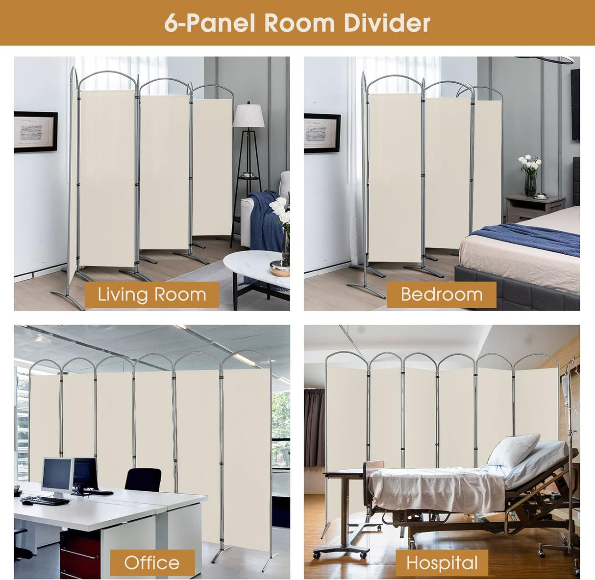 6-Panel Folding Room Divider, Privacy Screen, Portable Polyester Fabric Wall Divider and Separator, Freestanding Privacy Protection for Living Room, Bedroom, Office