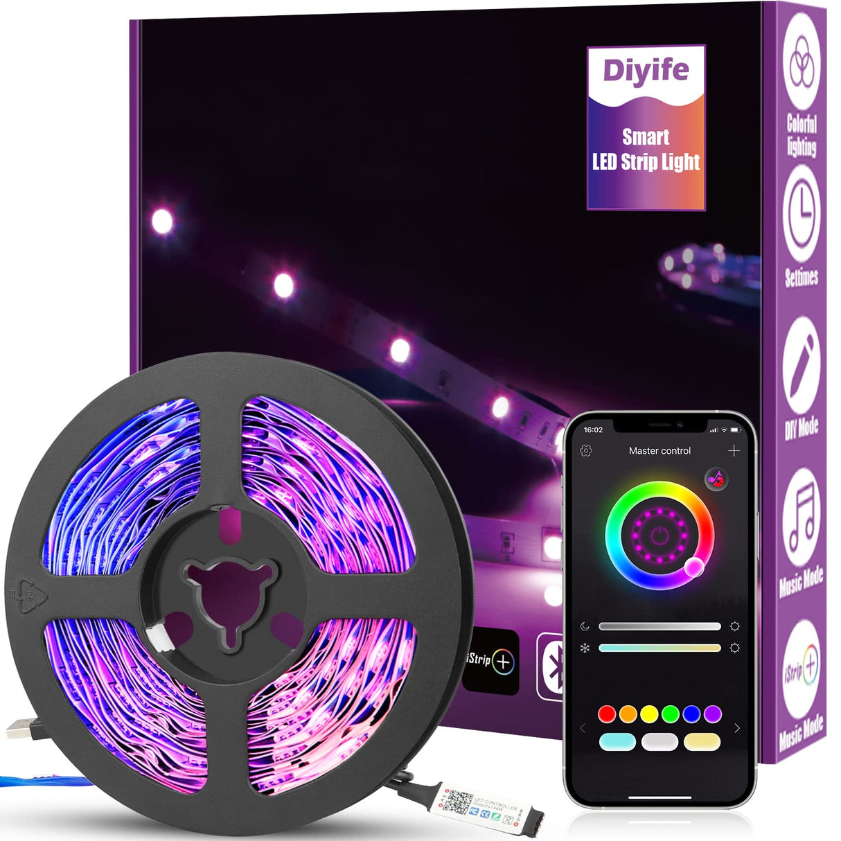 Smart LED Light Strip, [Timer Function] Diyife 6m/19.7ft LED Strip Lights with Bluetooth, 5050 RGB LED Light, 16 Million Colors Changing, App Control, Music Sync, for Home, TV, Christmas, Halloween