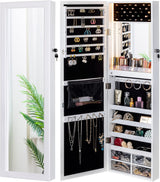 LED Light Jewelry Cabinet Wall-Mount/Door-Hanging Mirror Makeup Lockable Armoire, Large Storage Organizer w/Drawers