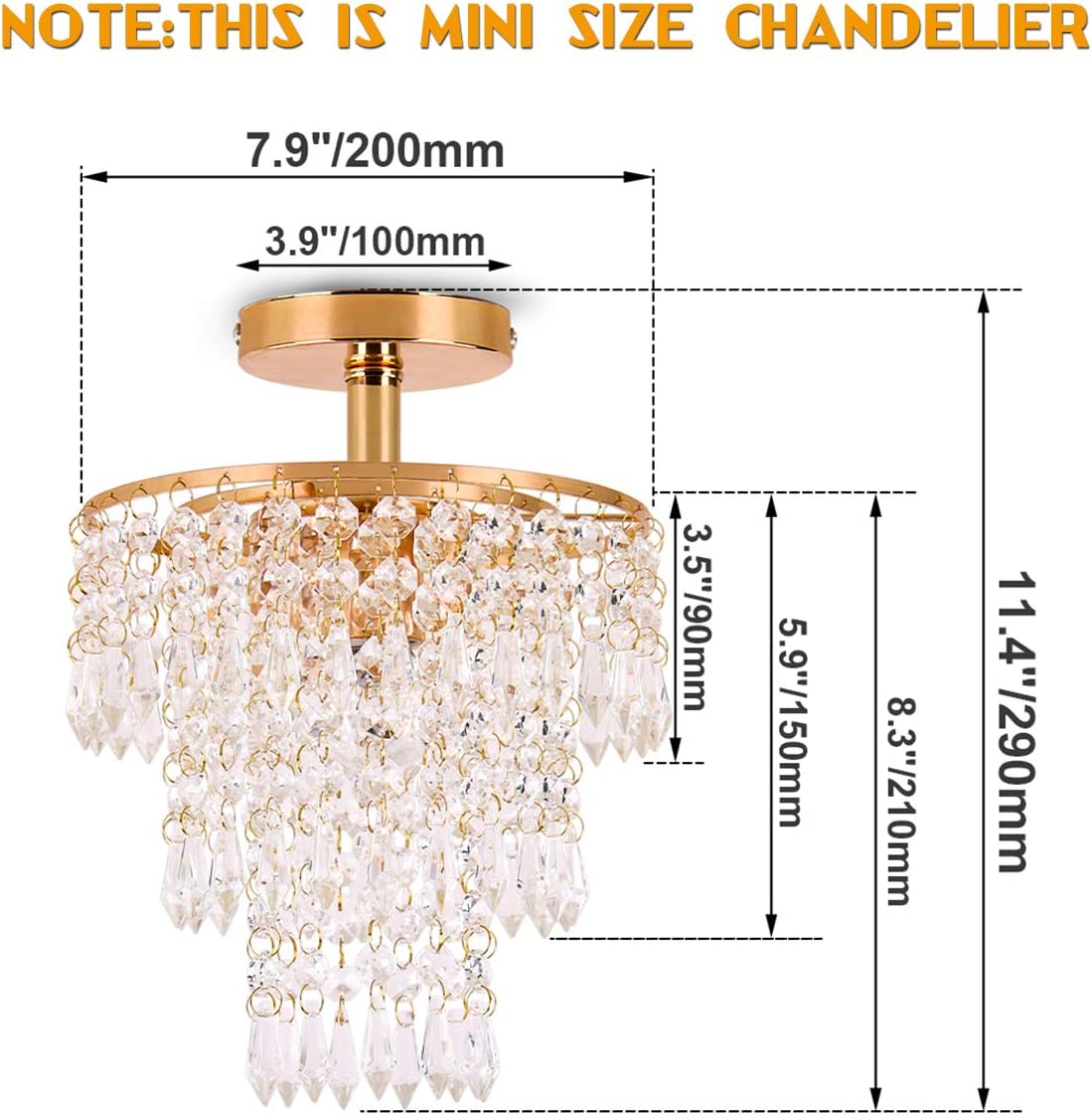 Small Crystal Chandeliers Gold Ceiling Lights Flush Mount Ceiling Lamp Lampshade 3 Tiers Crystal Pendant Lighting for Hallway Bedroom Girl's Room,E26