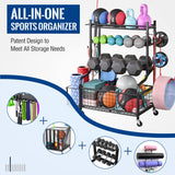 Mythinglogic Dumbbell Rack, Home Gym Storage Weight Rack for Dumbbells, Kettlebells Yoga Mat and Balls, Heavy Duty Sports Storage Rack with Wheels and Hooks, Powder Coated