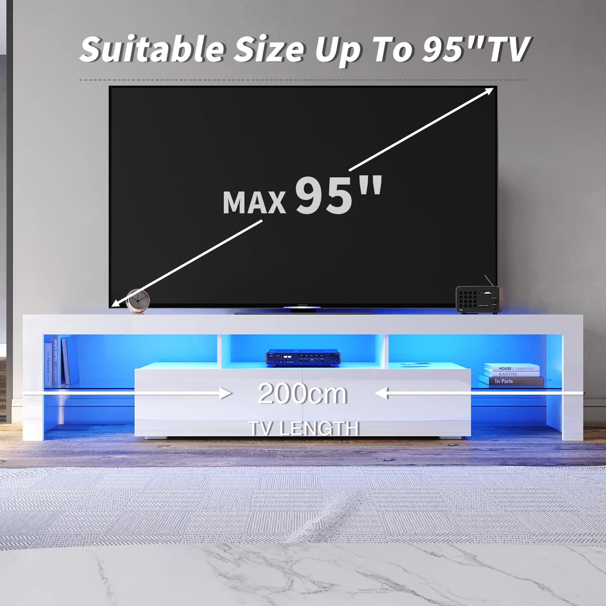 TV Unit Entertainment LED, 200cm TV Cabinet Modern High Gloss TV Unit with 2 Drawers for Bedroom Living Room Home Furniture (White)