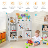 Kids Bookshelf, Wooden Children Storage Display Cabinet Bookcase w/ 5 Open Shelves, 2 Storage Boxes and 3 Slots, Kids Toy and Book Organizer for Playroom, Children’s Room