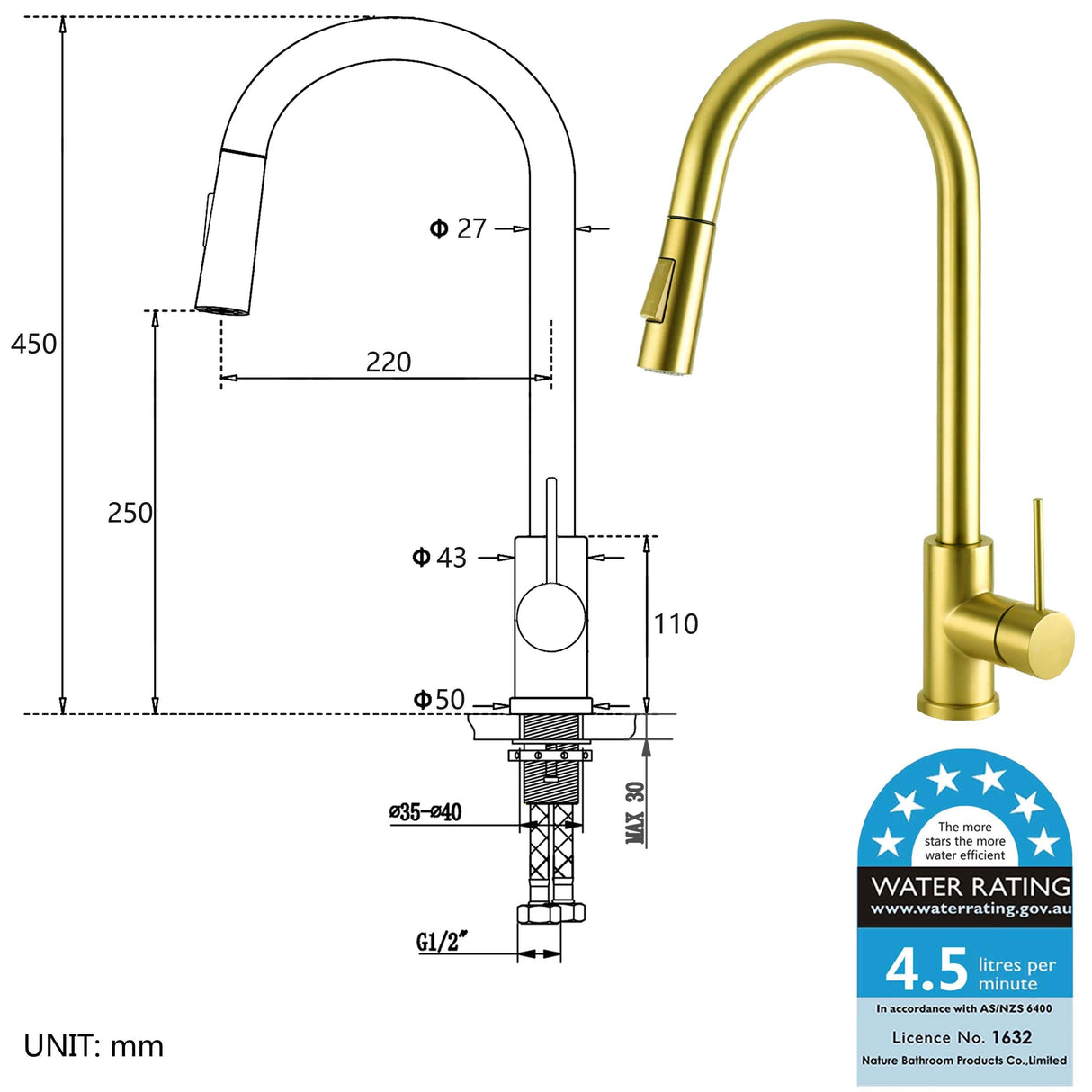 2 Mode Pull Out Kitchen Tap Laundry Sink Mixer Swivel Gooseneck Faucet (Brushed Gold)