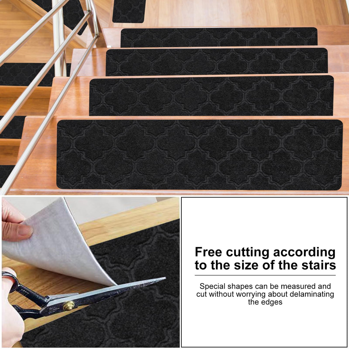 Non-Slip,15-Pack(30"*8"), Stair Runner Rug for Wooden Steps Indoor, Safe Soft Stair Carpet for Kids Elders, Dogs, Adhesive adsorption Increased Friction Grip (Black)