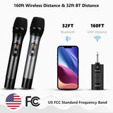 Wireless Microphone with Bluetooth, Professional UHF Dual Handheld Dynamic Metal Mic System Set with Rechargeable Receiver, 160 ft Range, 1/4''Output, for Karaoke Machine, Singing, Amp, PA Speaker