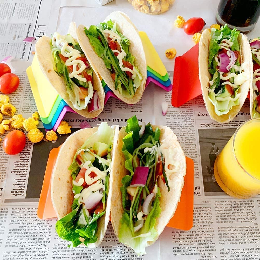 Colorful Taco Holders Set of 6, Taco Tray Plates with Handle Each Can Hold 2 or 3 Tacos, BPA Free PP Material, Dishwasher and Microwave Safe