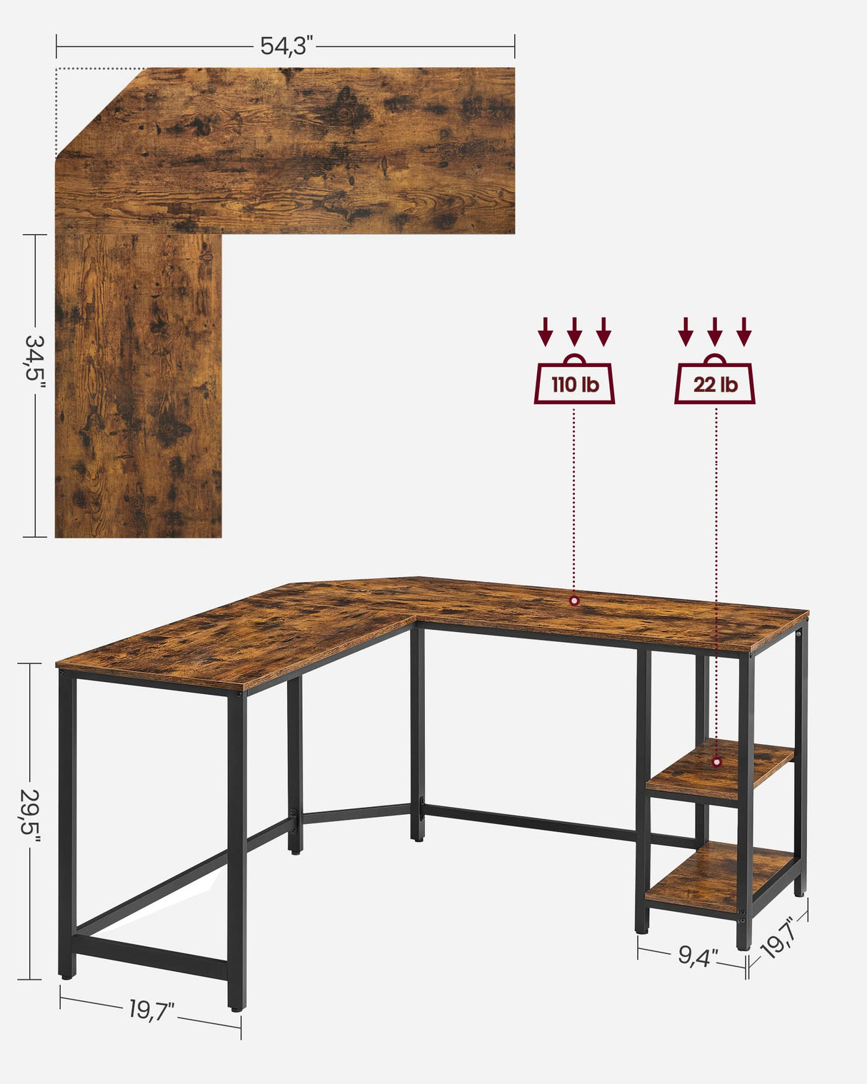 L-Shaped Computer Desk, Corner Desk, 54-Inch Writing Study Workstation, Rustic Brown and Black ULWD72X