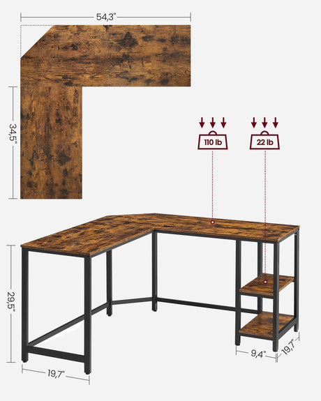 L-Shaped Computer Desk, Corner Desk, 54-Inch Writing Study Workstation, Rustic Brown and Black ULWD72X