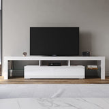 TV Unit Entertainment LED, 200cm TV Cabinet Modern High Gloss TV Unit with 2 Drawers for Bedroom Living Room Home Furniture (White)