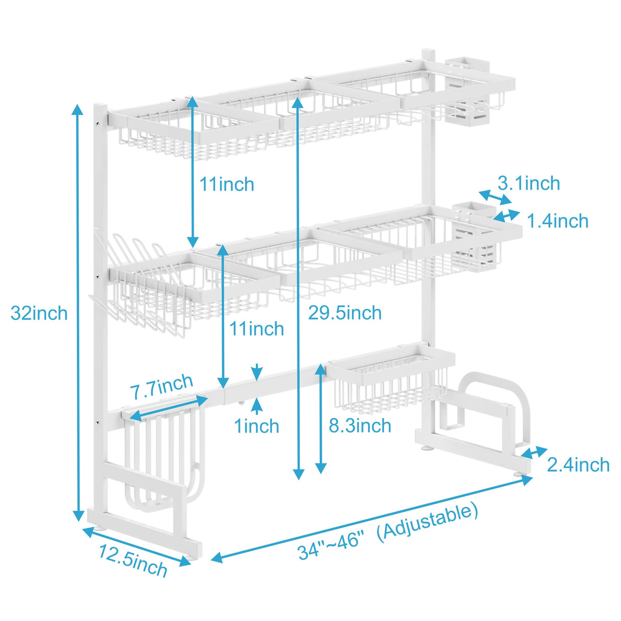 Adjustable Dish Drying Rack Over Sink (33"-45") 3 Tier, 2 Cutlery Holders Large Drainer for Kitchen Storage Counter Organization, Stainless Steel Dish Rack Display (Sink Size≤44inch, White)