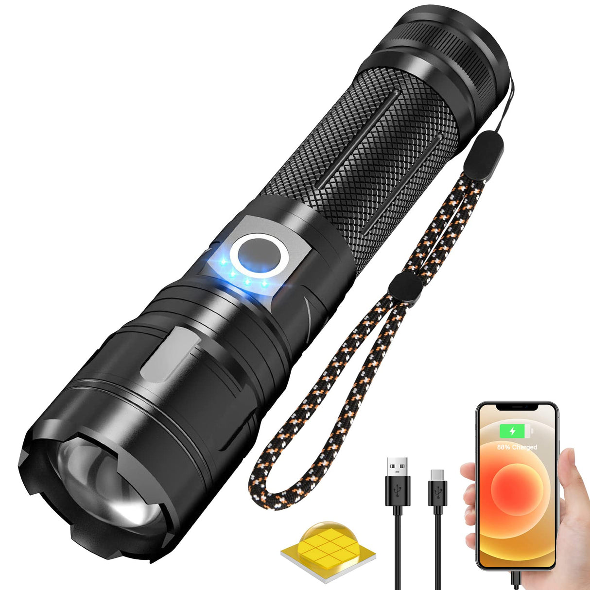 LED Torch Rechargeable Flashlight with High Lumens, 10000 Lumens XHP99 Super Bright Tactical Torch, High Powered Torches with 5 Modes, Adjustable Zoomable Waterproof Flash Light for Camping Hiking