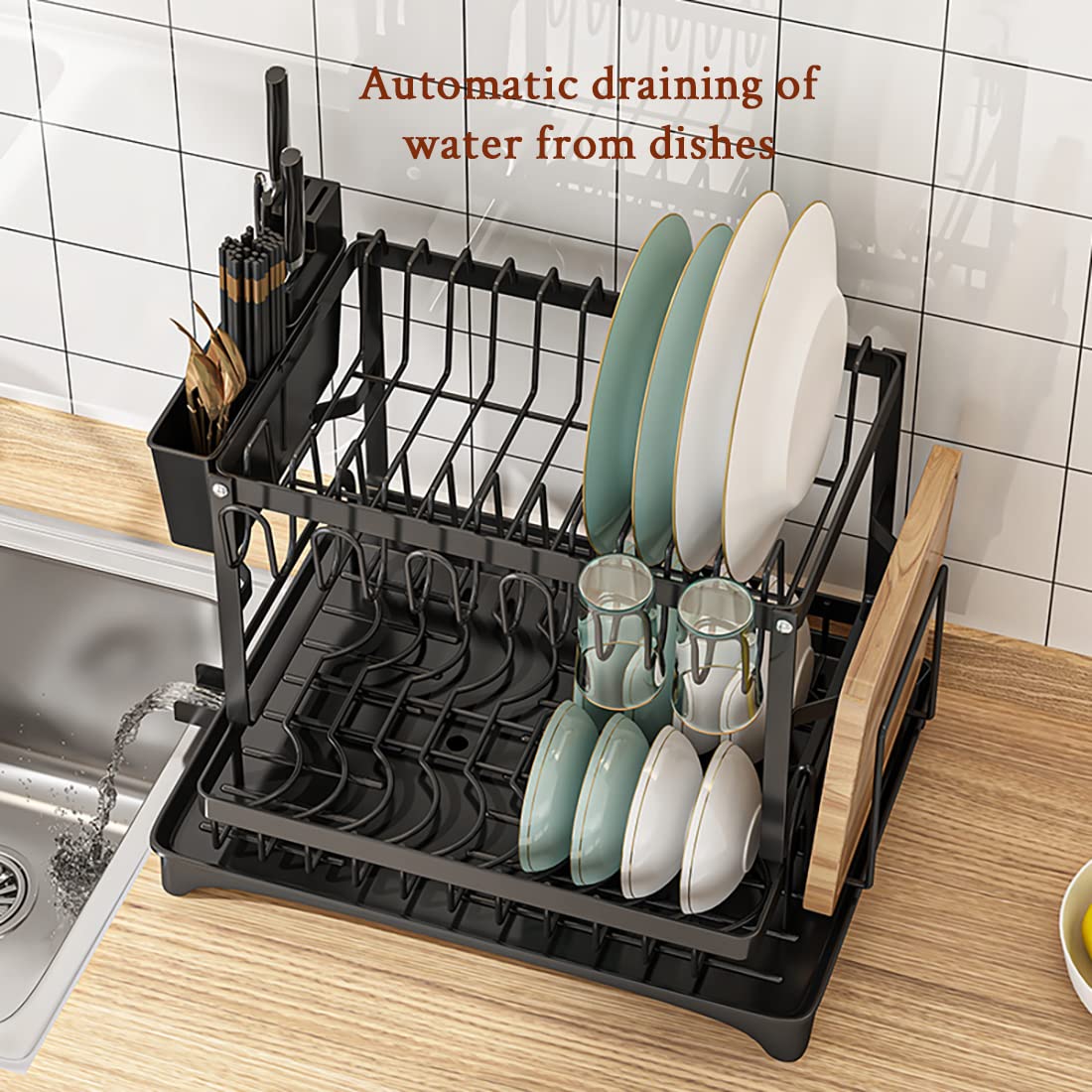 2 Tier Dish Drying Rack Set, 360 Degree Rotating Drainer,Rustproof Cutlery Rack for Kitchen Countertop with Draining Board, Cutting Board Holder, Cup Holder, Cutlery Rack