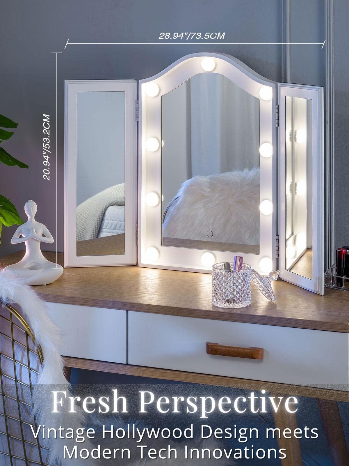 Vanity Lighted Tri-fold Makeup Mirror with 10 Dimmable LED Blubs, Touch Control Lights Tabletop Hollywood Cosmetic Mirror