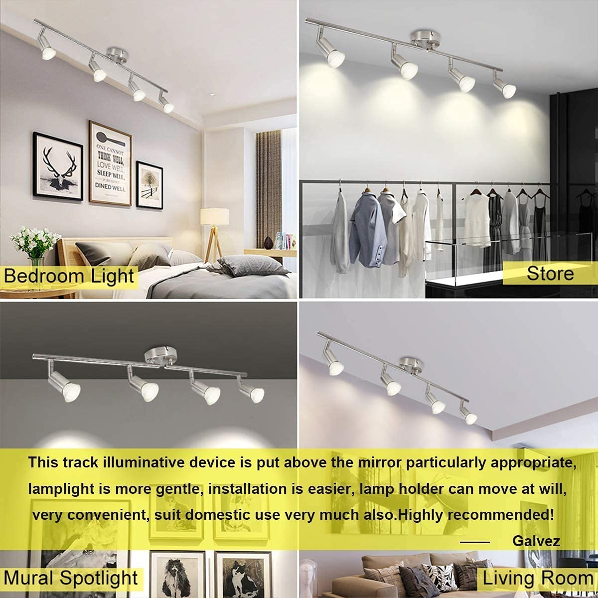 LED Track Light, Track Lighting Fixtures Ceiling, Flexibly Adjustable LED 4 Lights Track Lighting Kit for Kitchen, Living Room, Bedroom, Hallway GU10 Bulbs Included