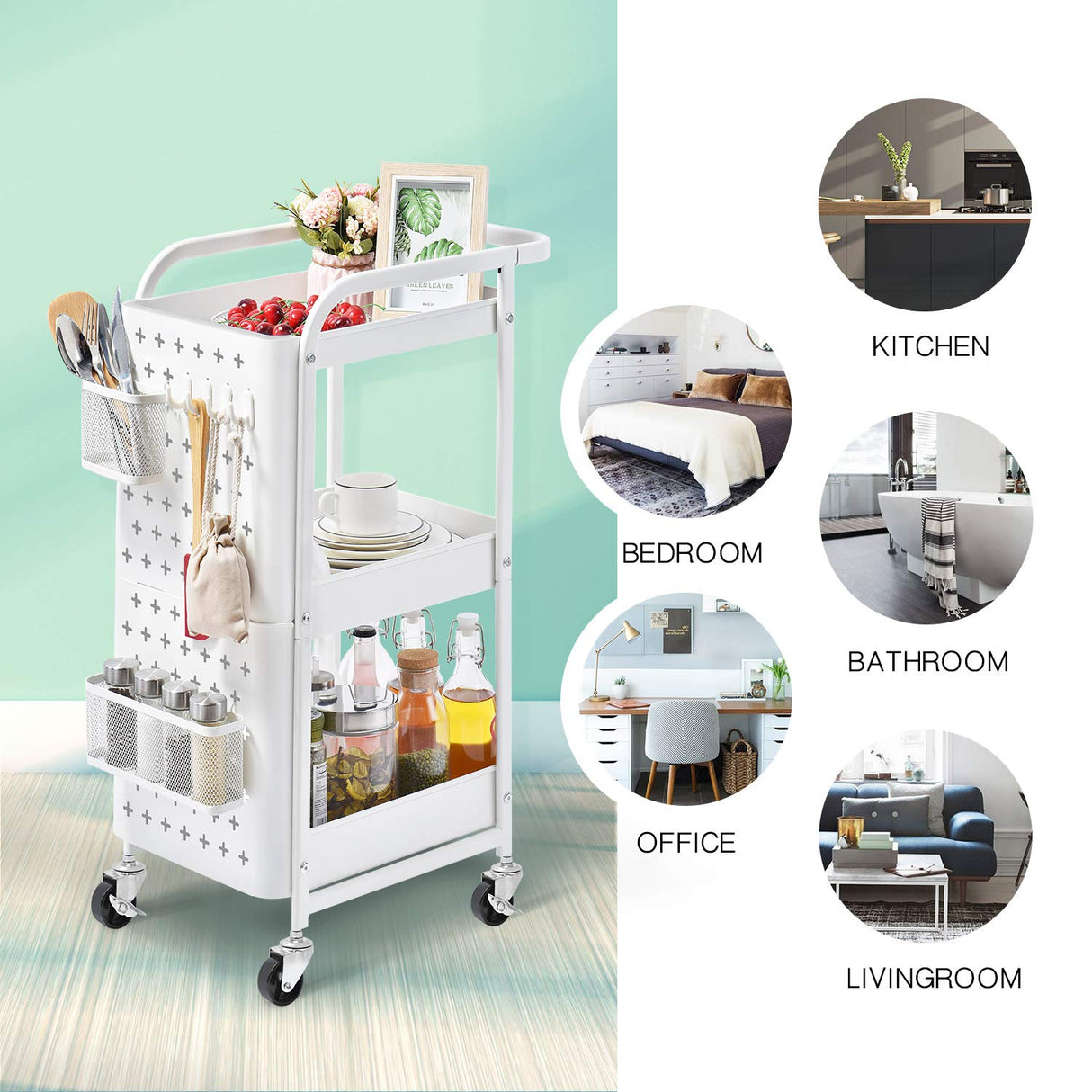 Storage Trolley, 3-Tier Rolling Cart, Utility Cart Metal Shelving with Peg Board Hooks Baskets Handles Locking Wheels, Mobile Storage Rack for Kitchen Office Garage Home (White)