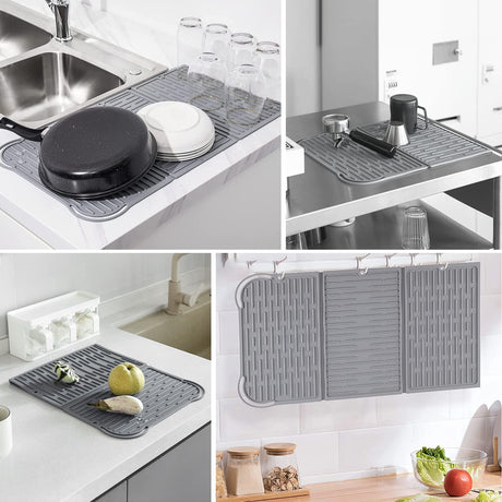 Silicone Mat Dish Drying Mat Silicon Draining Mat Folding Dish Drying Mat Tri-fold Drying Mat Grey Anti-Skidding for Kitchen 24”x13”