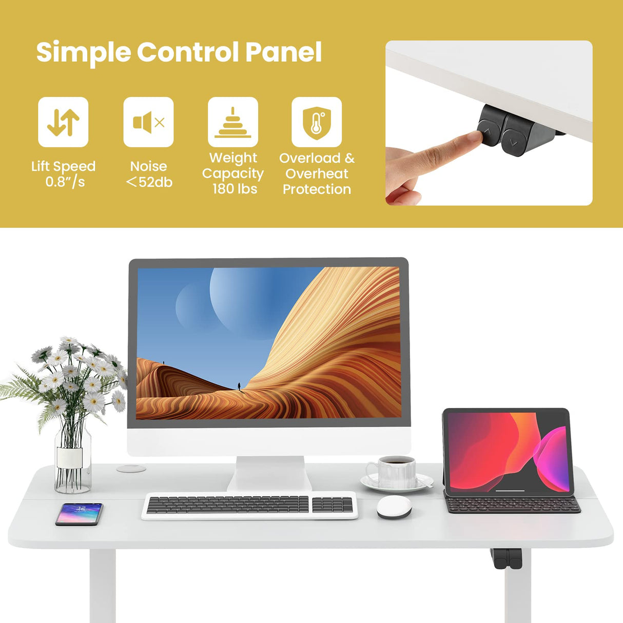 Electric Standing Desk, Ergonomic Stand Computer Desk, Built-in Cable Management Hole, Button Controller, Home Office Height Adjustable Computer Workstation, Anti-Collision Design