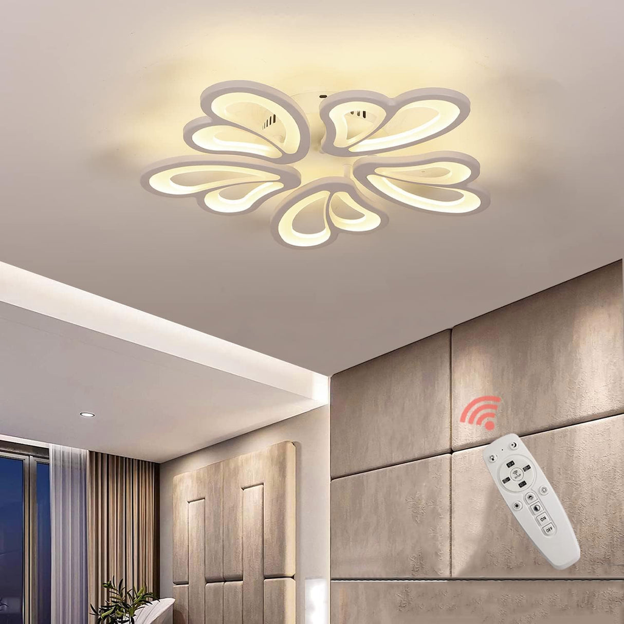 Modern LED Ceiling Light,Dimmable Acrylic Flush Mount Ceiling Lamp,5 Petals Metal Flower Shape Chandelier Lighting Fixture for Living Room Bedroom Kitchen Office Dining Room