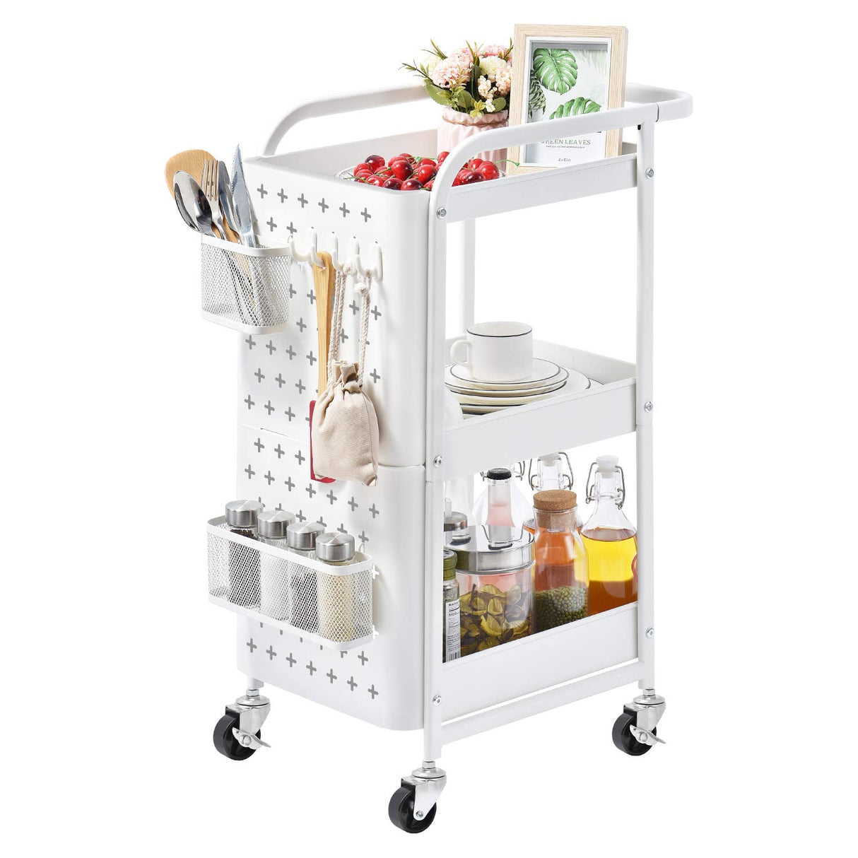 Storage Trolley, 3-Tier Rolling Cart, Utility Cart Metal Shelving with Peg Board Hooks Baskets Handles Locking Wheels, Mobile Storage Rack for Kitchen Office Garage Home (White)