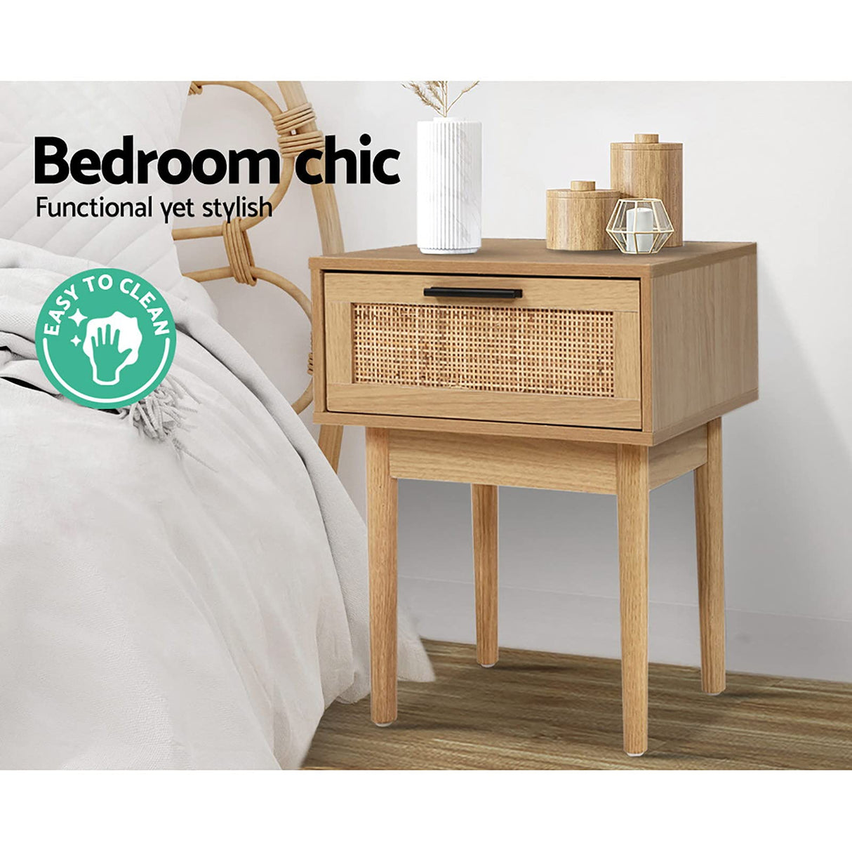 Bedside Table Rattan Board Bed Side Tables Storage Small Narrow Desk Chest of Drawers, with 1 Drawer, Bedroom Furniture Tallboy Lamp Stand Nightstand Cabinet in 50cm Height