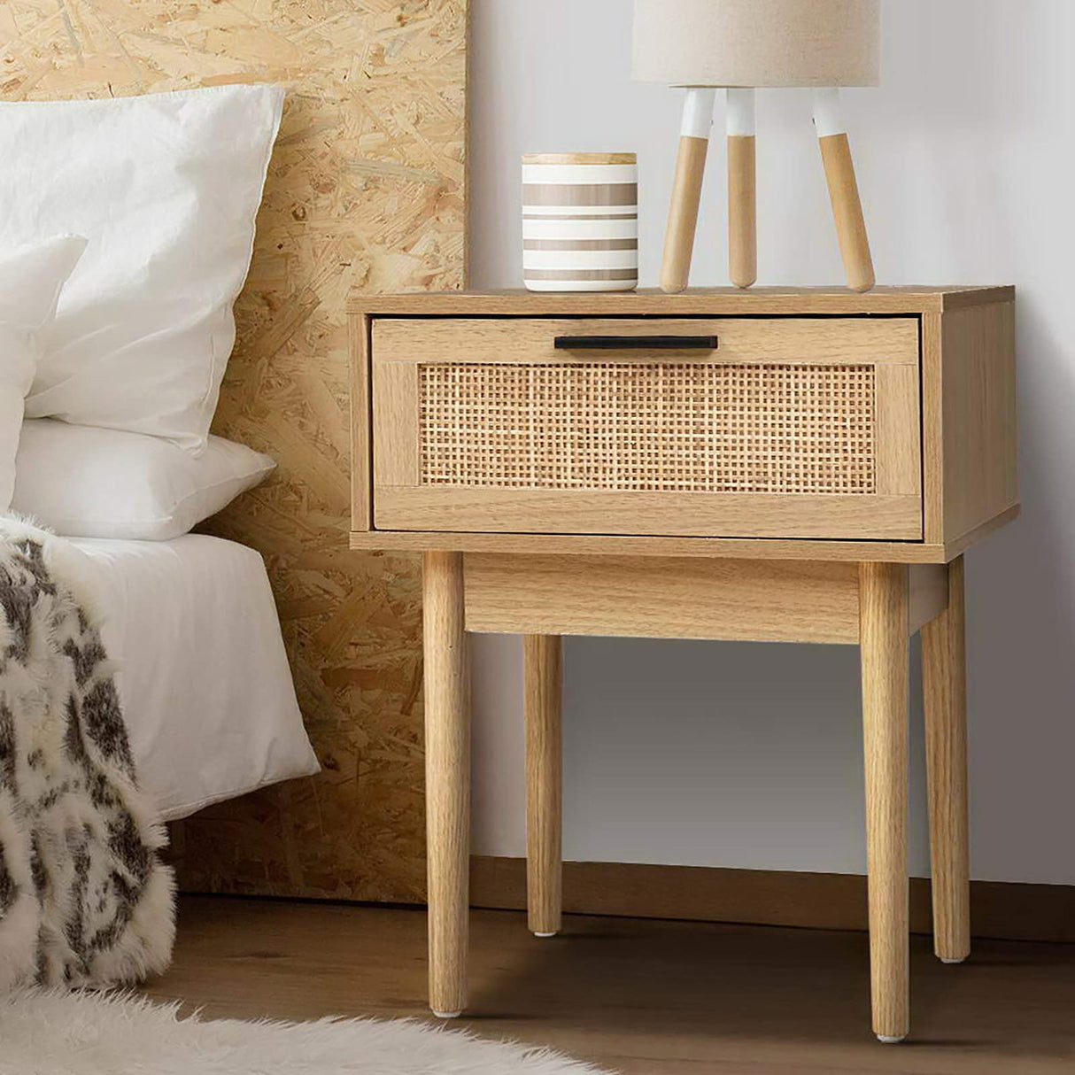 Bedside Table Rattan Board Bed Side Tables Storage Small Narrow Desk Chest of Drawers, with 1 Drawer, Bedroom Furniture Tallboy Lamp Stand Nightstand Cabinet in 50cm Height