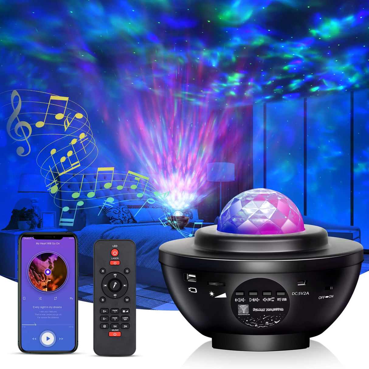 Star Projector Night Light Ocean Wave with Bluetooth Music Speaker