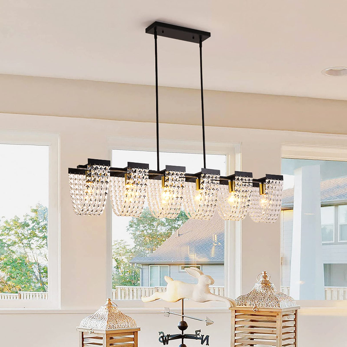 6-Light Kitchen Island Lighting Farmhouse Black Dining Room Chandelier Vintage Adjustable Linear Pendant Light Fixture with Metal&Crystal Finish (48" Length, E27 Bulbs)