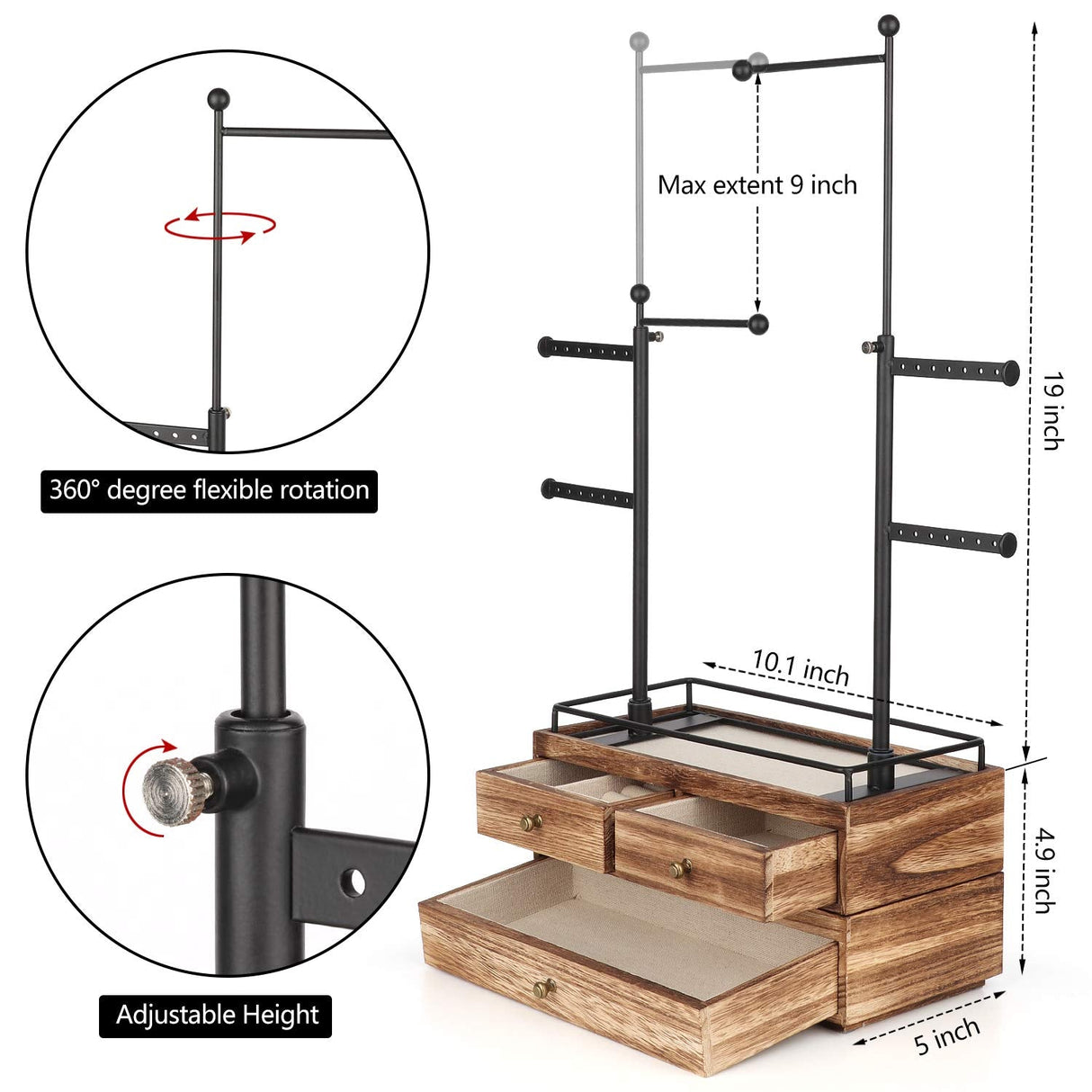 Jewelry Organizer - 2 Layer Wooden Jewelry Drawer Storage Box with 6 Tier Jewelry Tree Stand, Jewelry Display for Necklaces Bracelet Earring Ring (Carbonized Black)