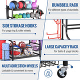 Mythinglogic Dumbbell Rack, Home Gym Storage Weight Rack for Dumbbells, Kettlebells Yoga Mat and Balls, Heavy Duty Sports Storage Rack with Wheels and Hooks, Powder Coated