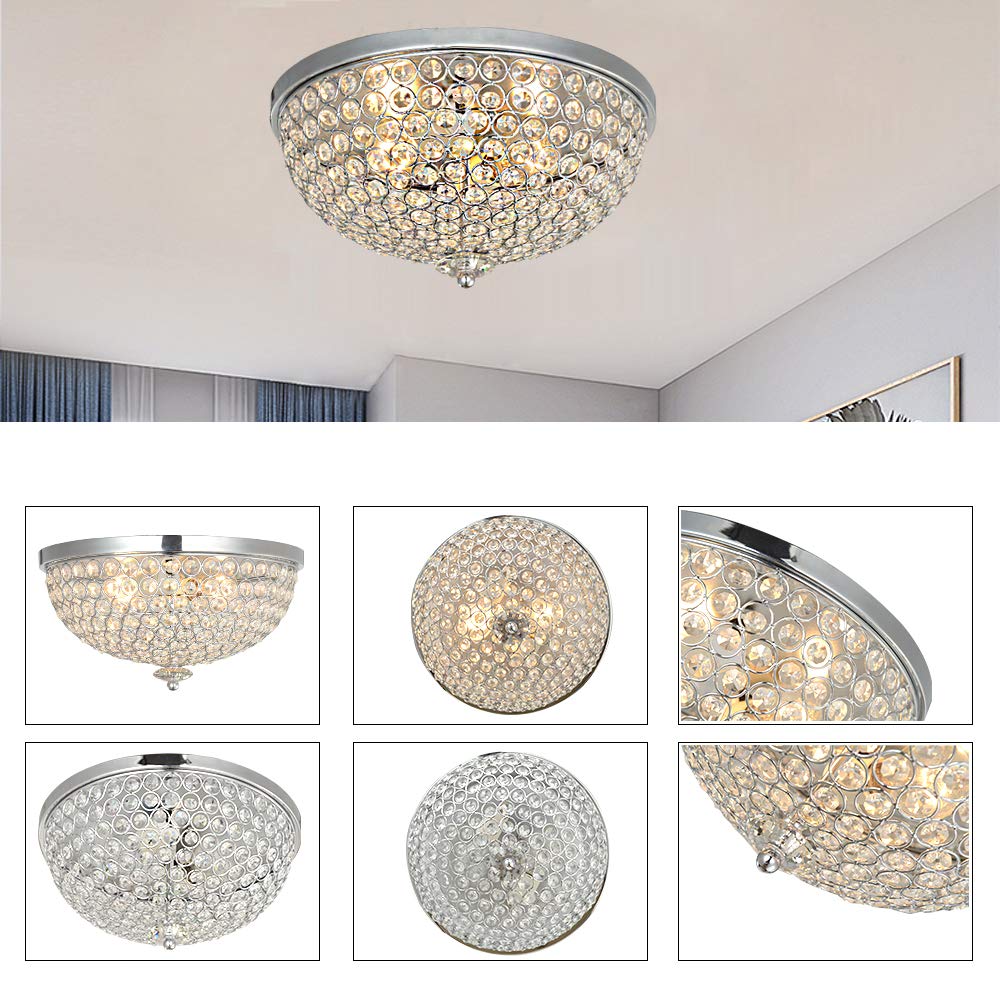 Crystal Ceiling Light, 13" 2-Light Flush Mount Light Fixture for Living Room, Bowl Shaped Chrome Finish Ceiling Lamp for Dining Room, Bedroom Kitchen Island Hallway Entryway