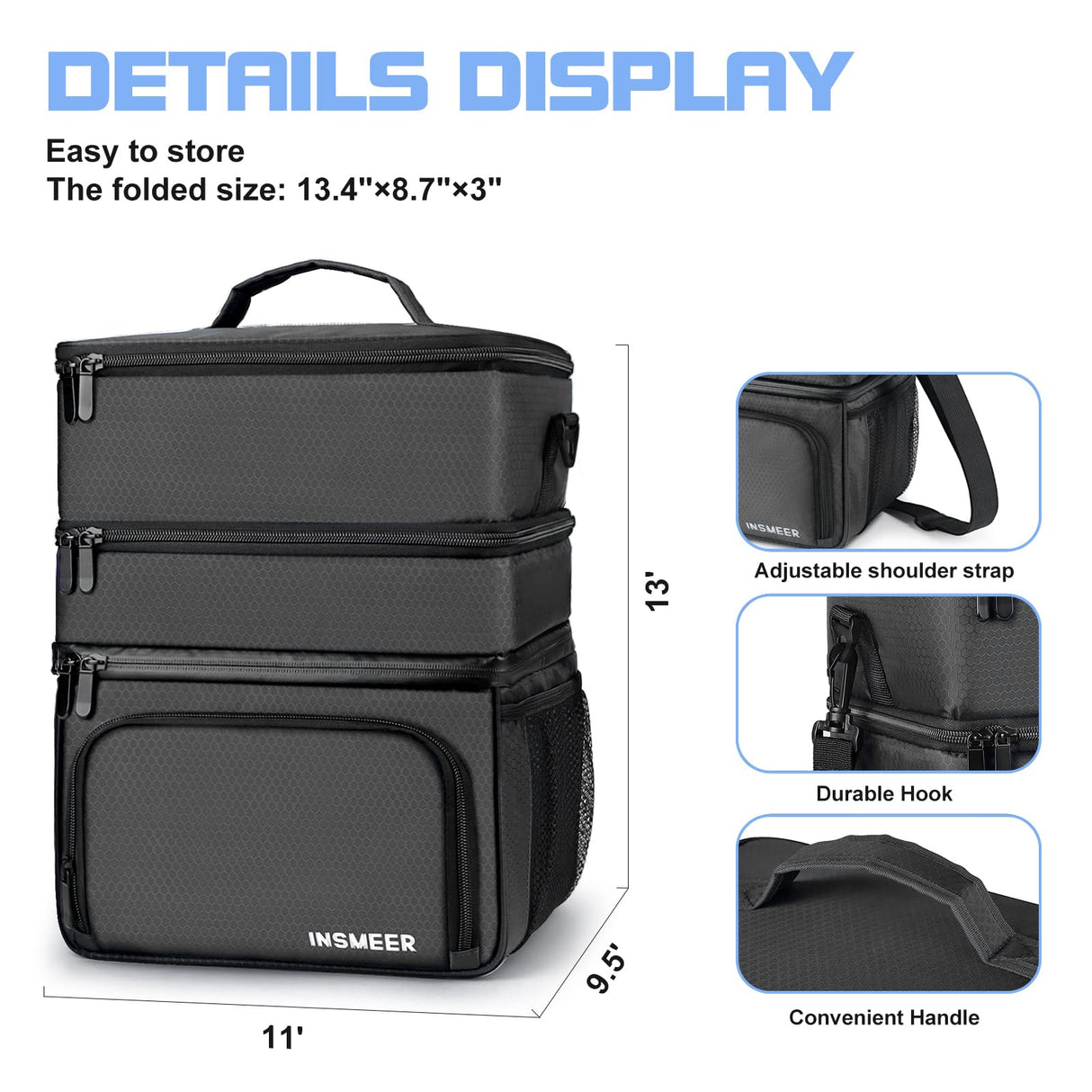 3 Compartments Mens Insulated Lunch Bag, Large Lunch Box Cooler Bag INSMEER with Sturdy Bottom/Shoulder Strap/Leakproof & Waterproof Zipper, Work Lunch Cooler for Driver, Beach, Picnic (Black)