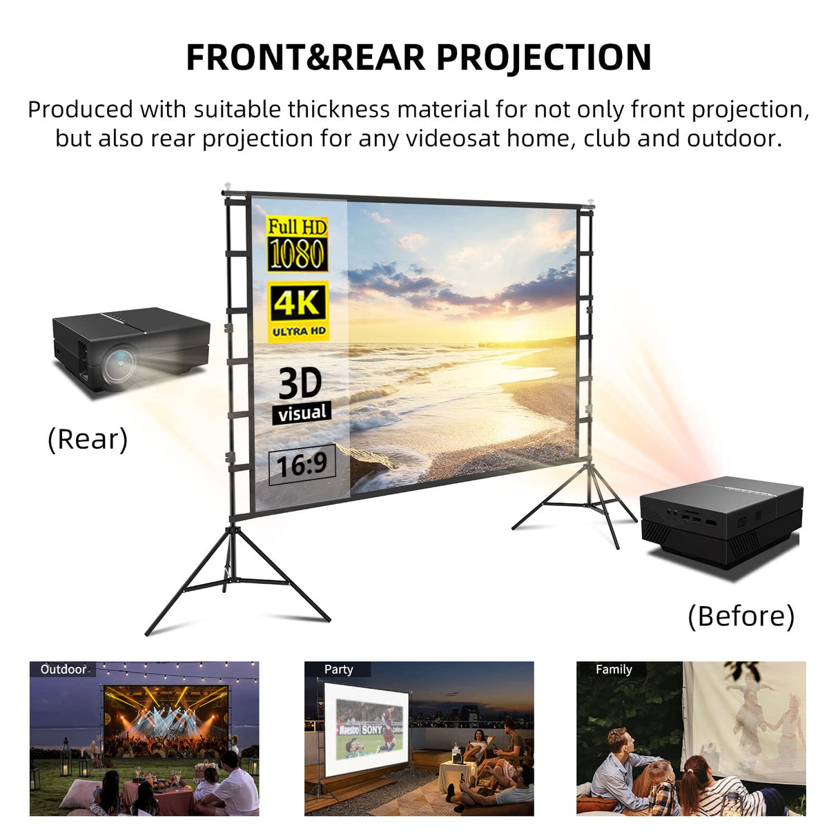 Projector Screen with Stand, 150 inch 16:9 Portable for Home Theater, Outdoor Indoor Party, Backyard Cinema.